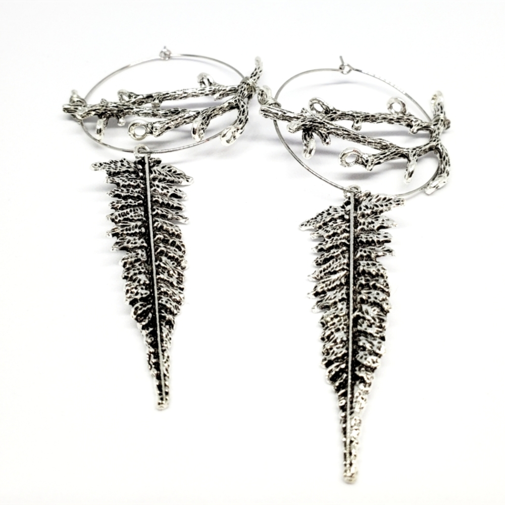 Fern Fairy Branch Hoop Earrings Dangle Fairycore Forrest witch silver plants